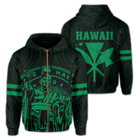 Polynesian King Kanaka Map Seal of Hawaii Zip Hoodie Green Unisex Green - Polynesian Pride