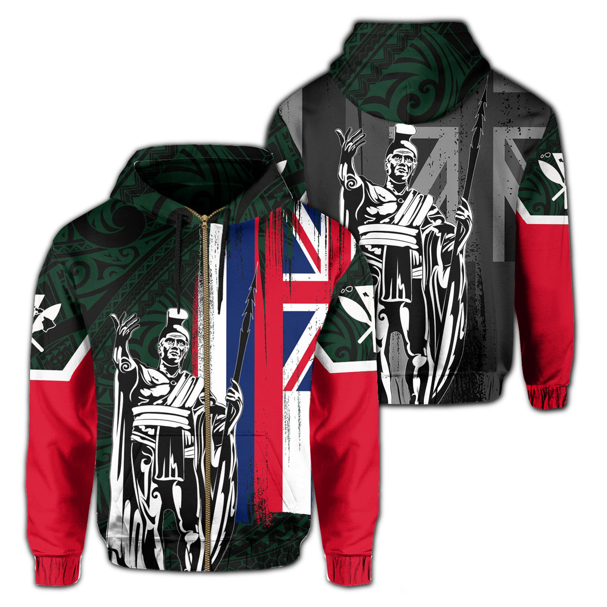 Hawaii King Flag Polynesian Hoodie (Zip up) Green Unisex Green - Polynesian Pride
