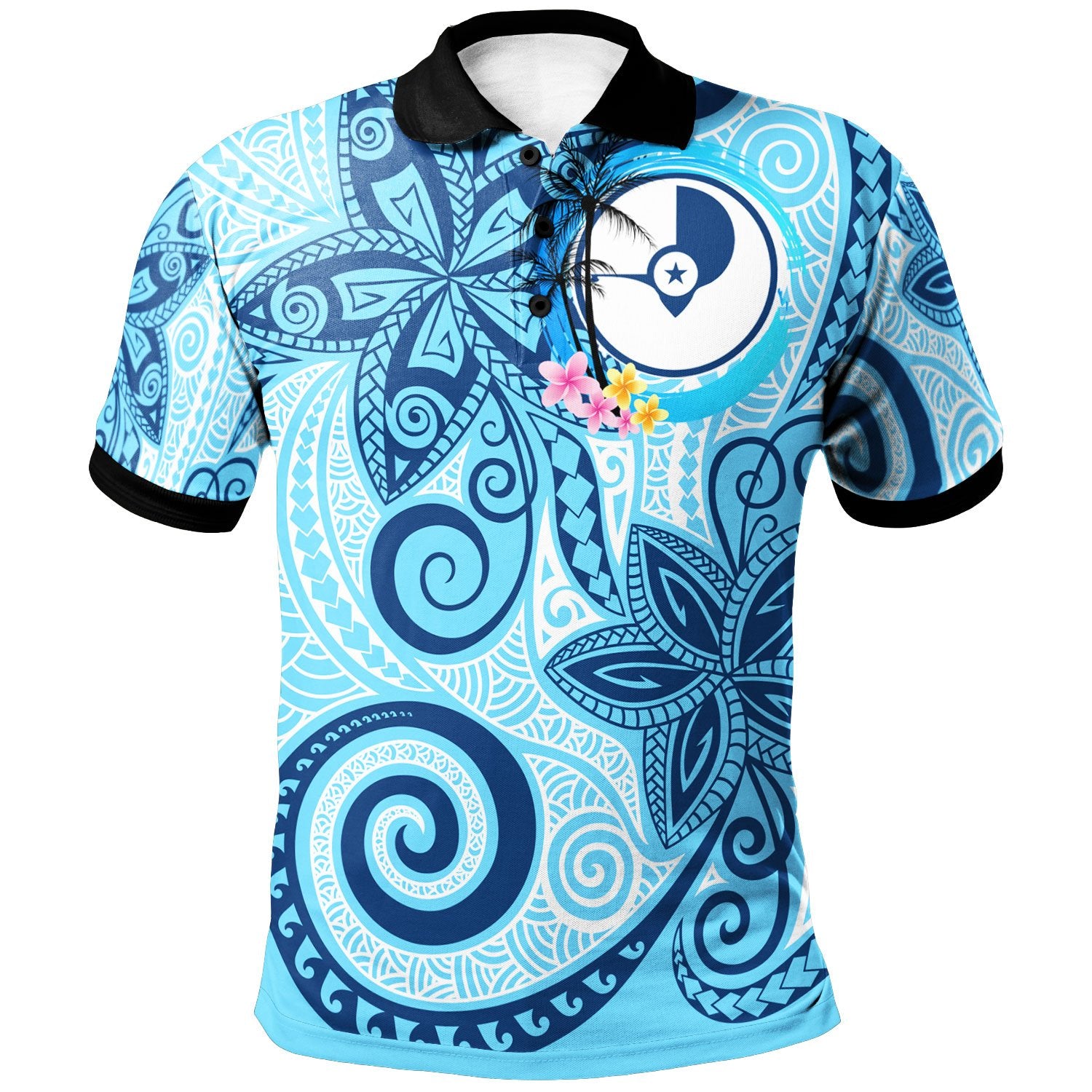 Yap Polo Shirt Tribal Plumeria Pattern Unisex Blue - Polynesian Pride