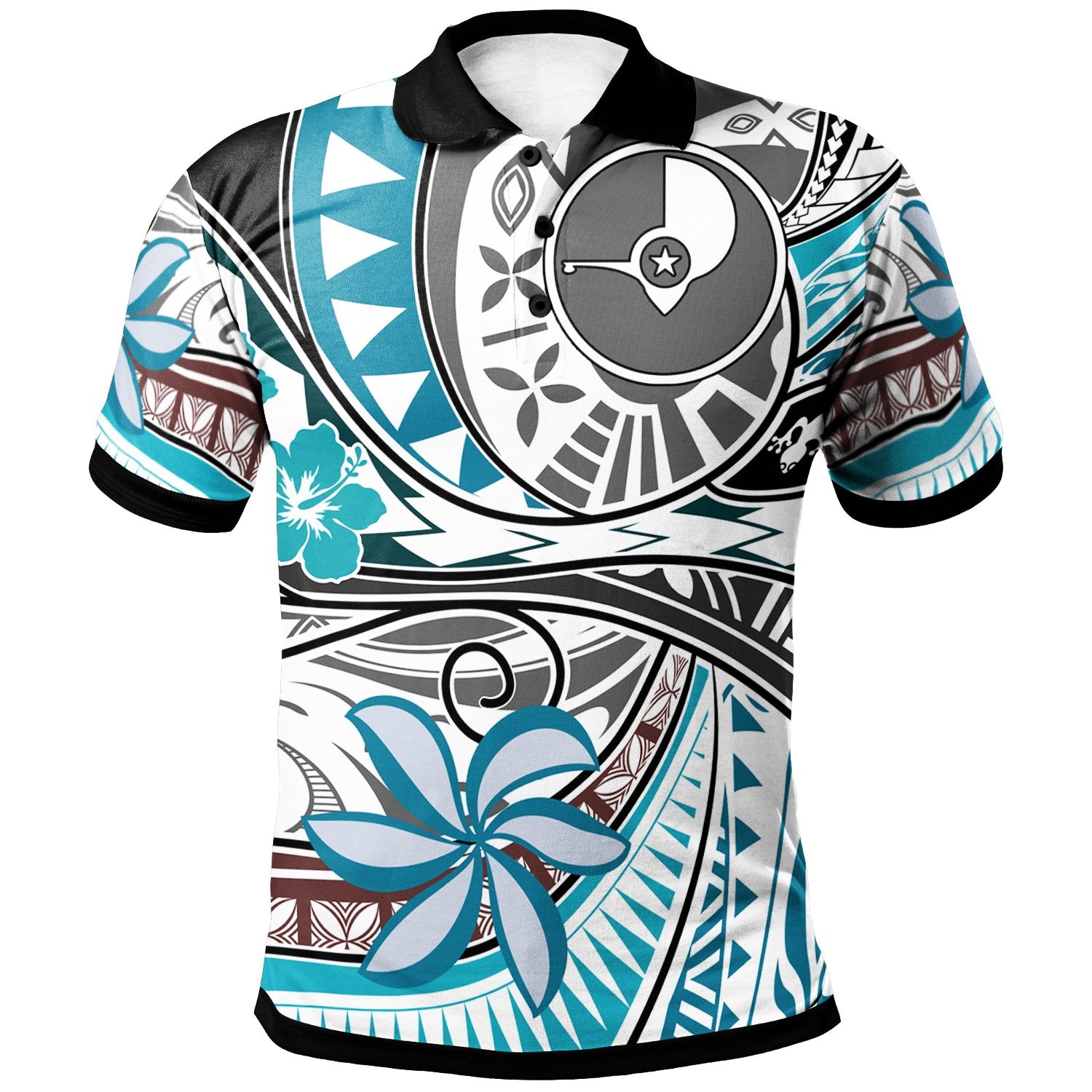 Yap Polo Shirt Flower and Flow Unisex Blue - Polynesian Pride