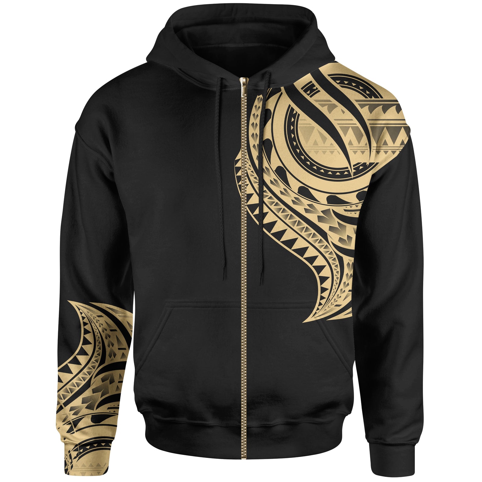 Cook Islands Zip Hoodie Cook Islands Tatau Gold Patterns With Coat of Arms Unisex Black - Polynesian Pride