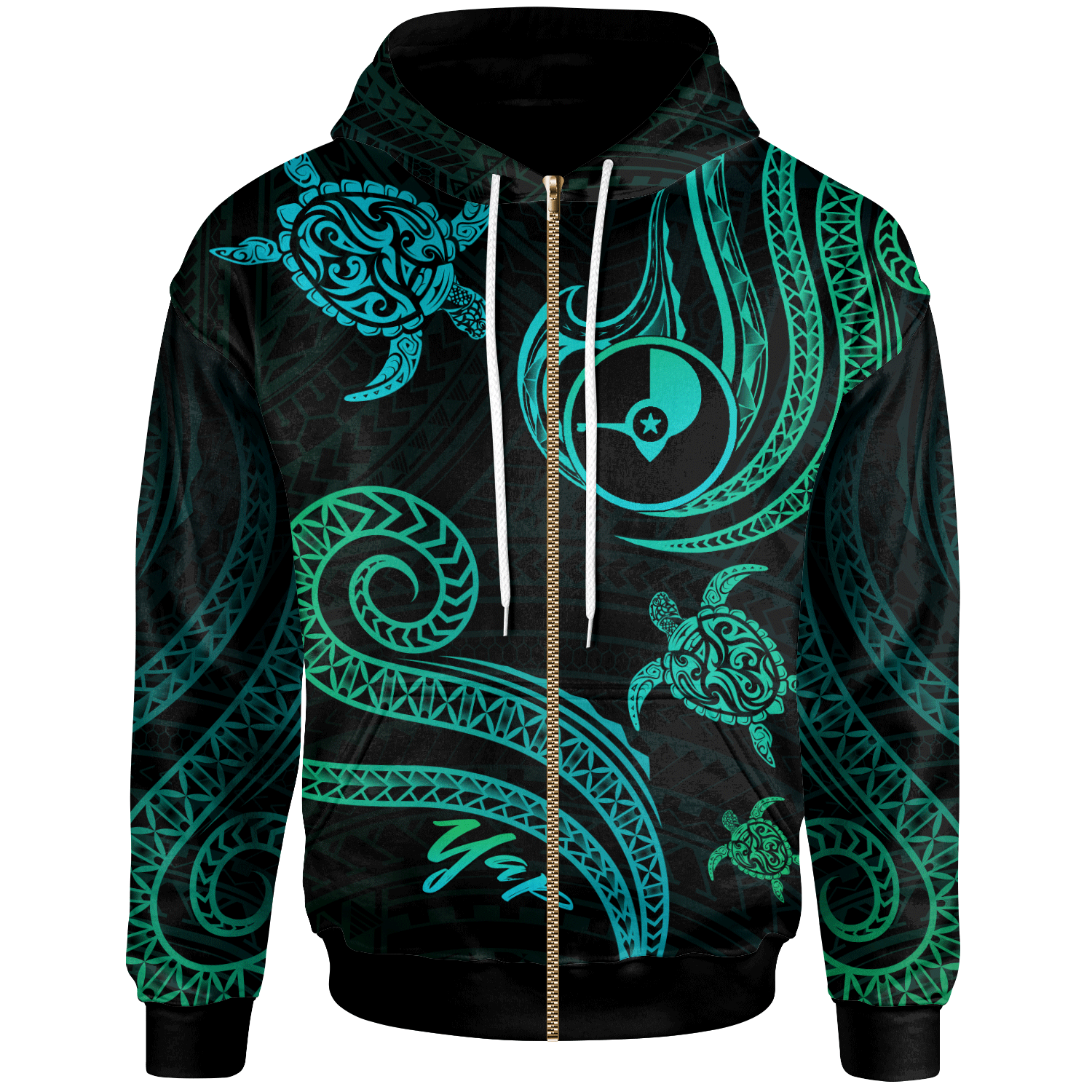 Yap Zip Hoodie Polynesian Turtle With Pattern Unisex Blue Green - Polynesian Pride