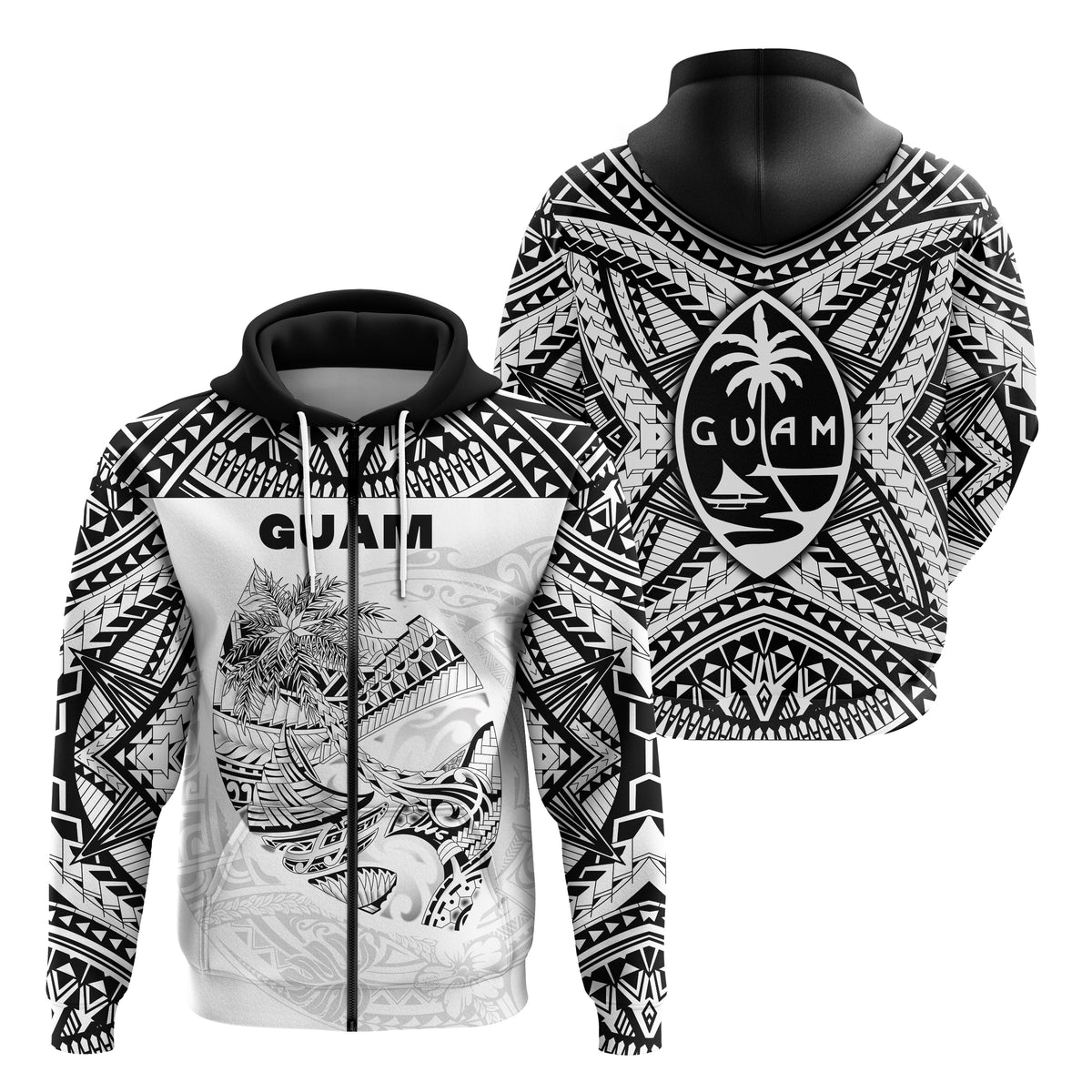 Guam Rugby Zip Hoodie Polynesian Patterns White LT16 - Polynesian Pride