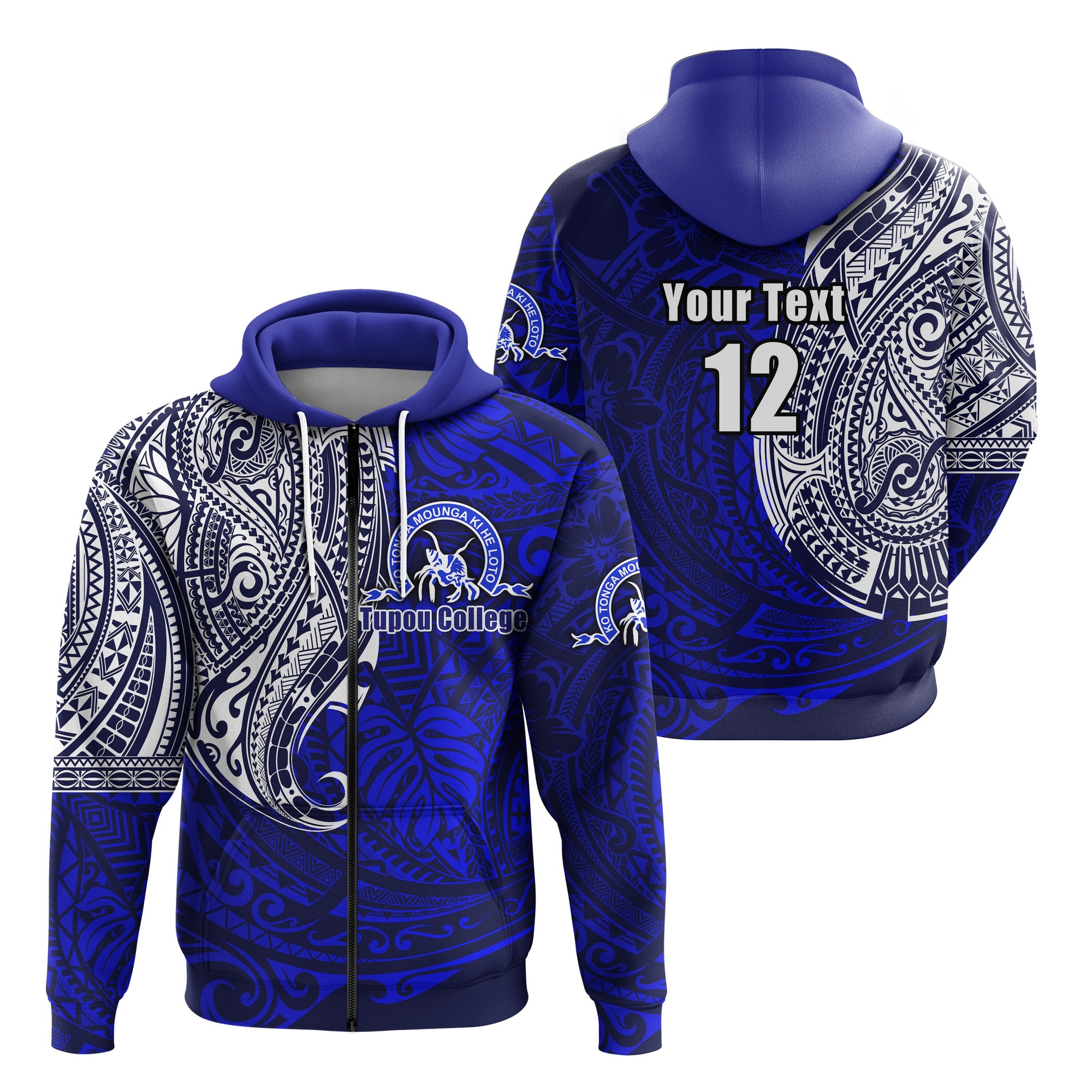 Custom Kolisi Ko Tupou College Tonga Zip Hoodie Polynesian Tattoo Style Unisex Blue - Polynesian Pride