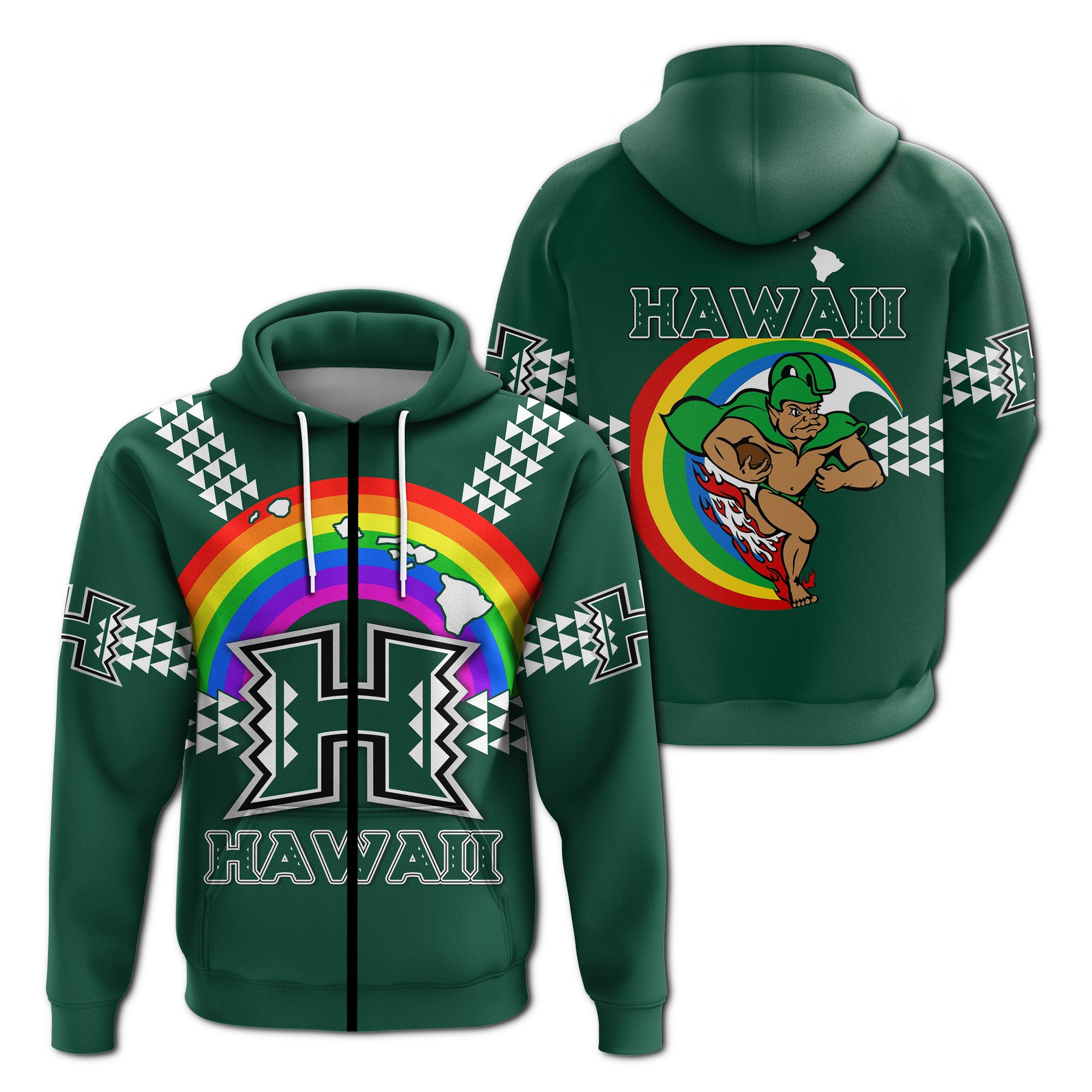Hawaii Rainbow Warriors Zip Hoodie LT4 Unisex Green - Polynesian Pride