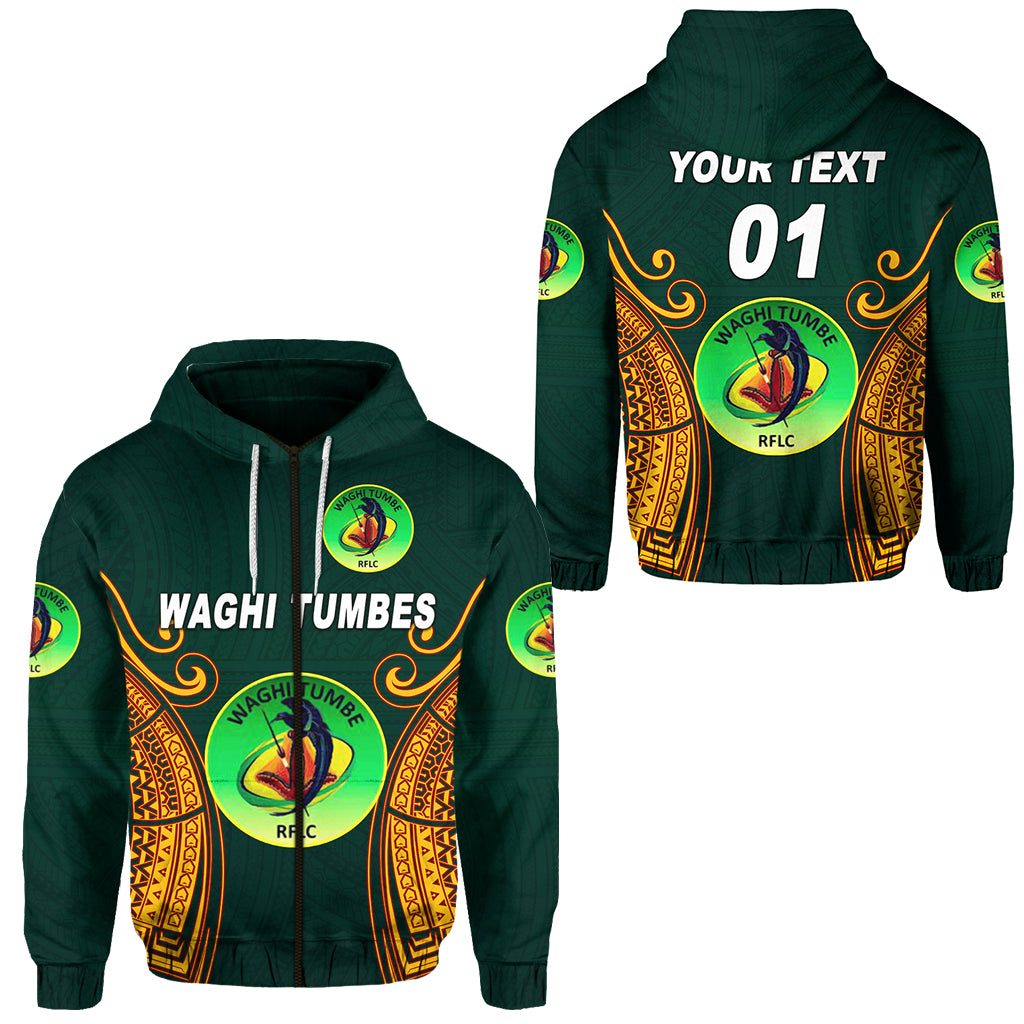 Custom Papua New Guinea Waghi Tumbes Zip Hoodie Rugby Green, Custom Text and Number LT8 Unisex Green - Polynesian Pride
