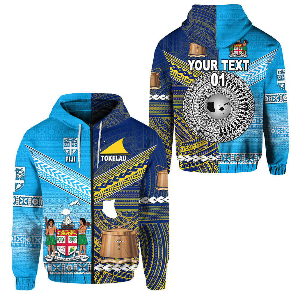 Custom Fiji Tokelau Zip Hoodie Together, Custom Text and Number LT8 Unisex Blue - Polynesian Pride