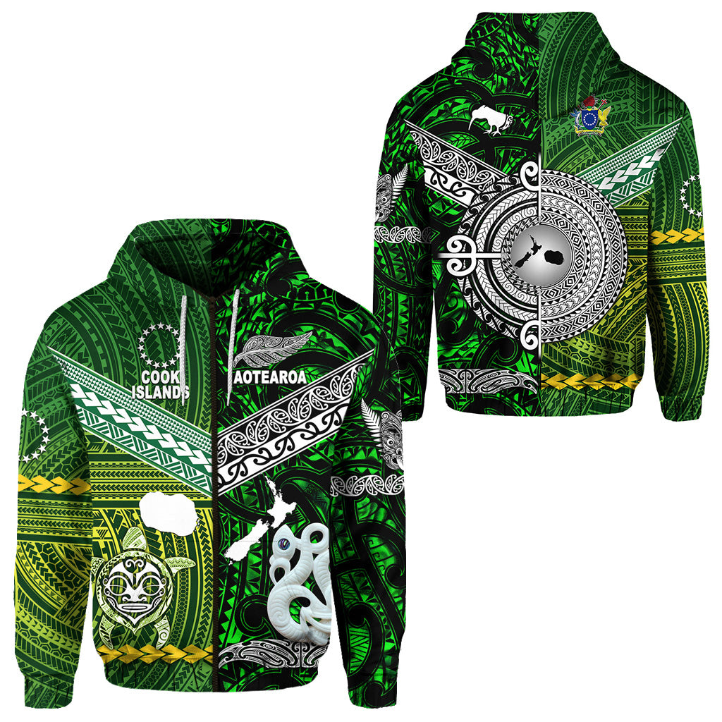 New Zealand Cook Islands Zip Hoodie Maori and Polynesian Together Green LT8 Unisex Green - Polynesian Pride