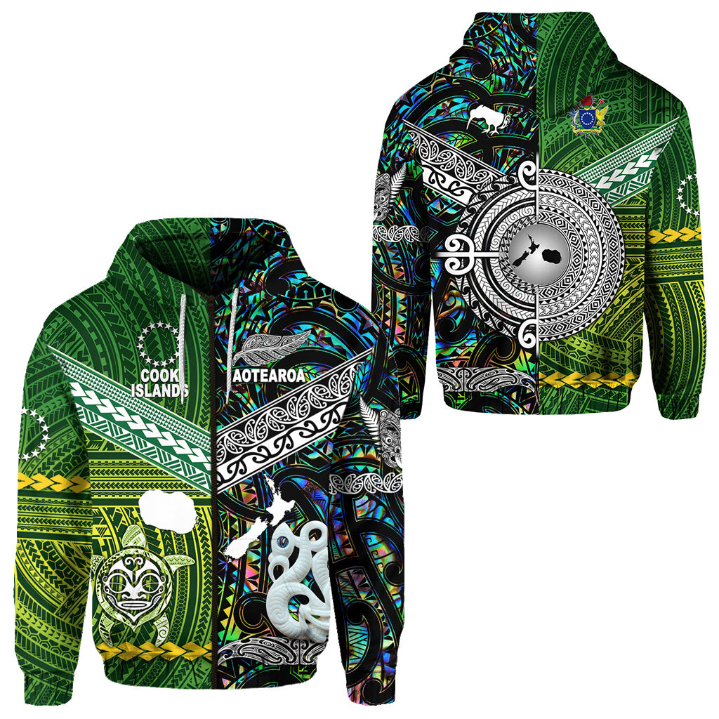 New Zealand Cook Islands Zip Hoodie Maori and Polynesian Together Paua Shell LT8 Unisex Green - Polynesian Pride