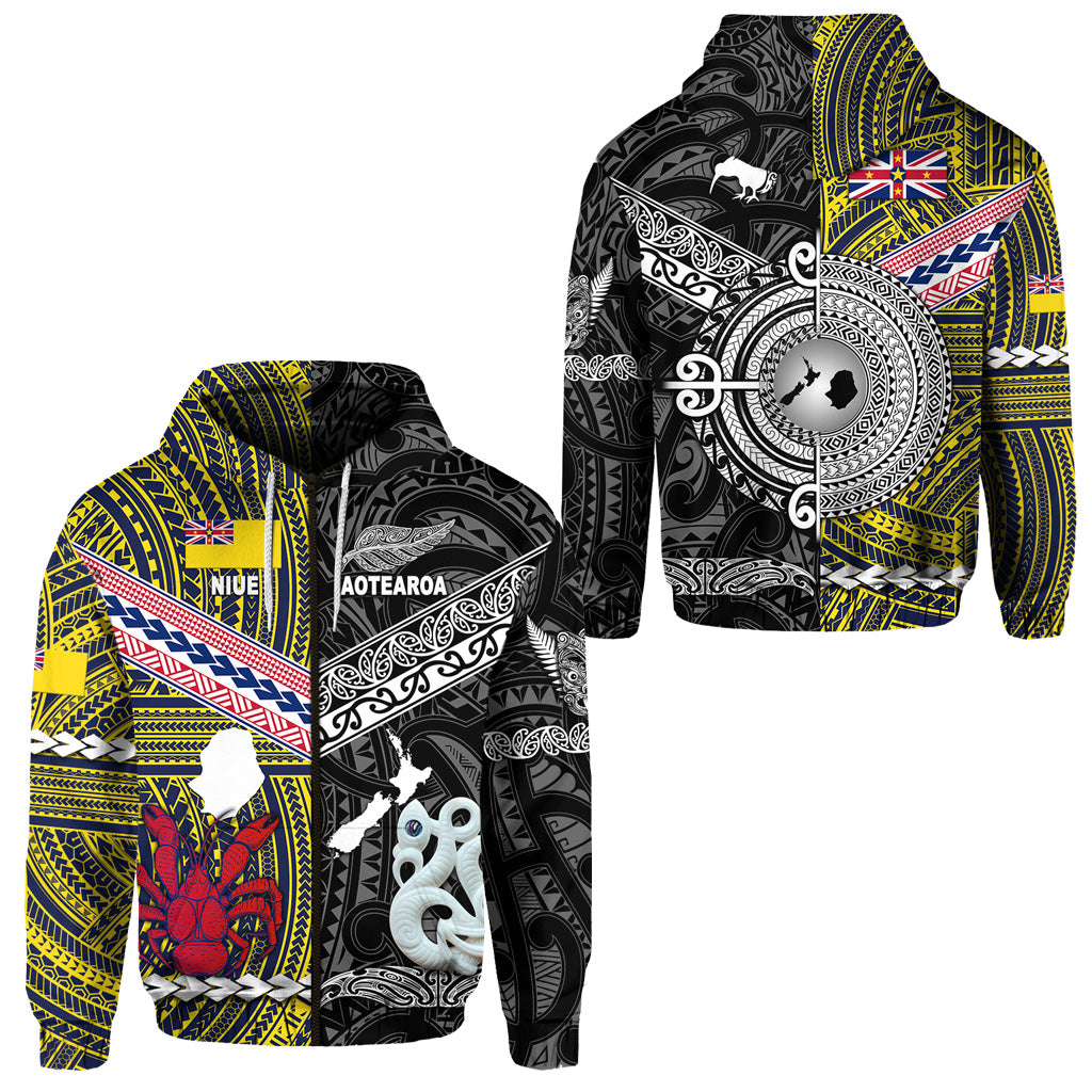 New Zealand Niue Zip Hoodie Maori and Polynesian Together Black LT8 Unisex Yellow - Polynesian Pride