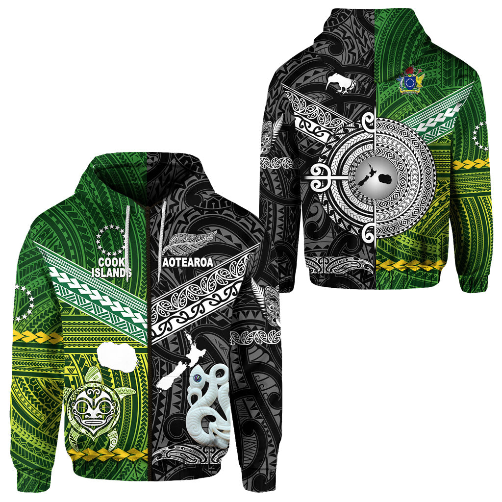 New Zealand Cook Islands Zip Hoodie Maori and Polynesian Together Black LT8 Unisex Green - Polynesian Pride