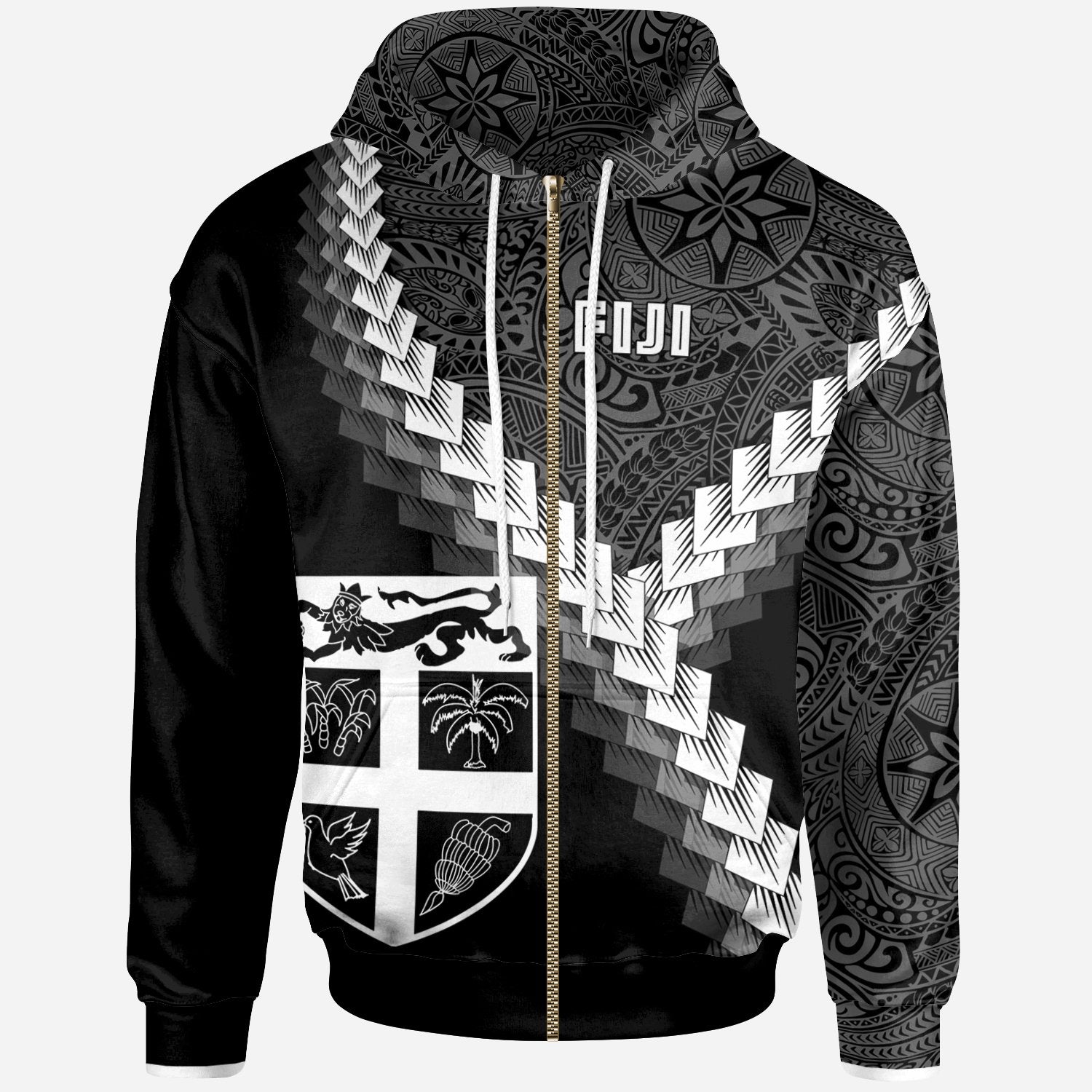 Fiji Zip up Hoodie Coat of Arms With Polynesian Tattoo Unisex White - Polynesian Pride