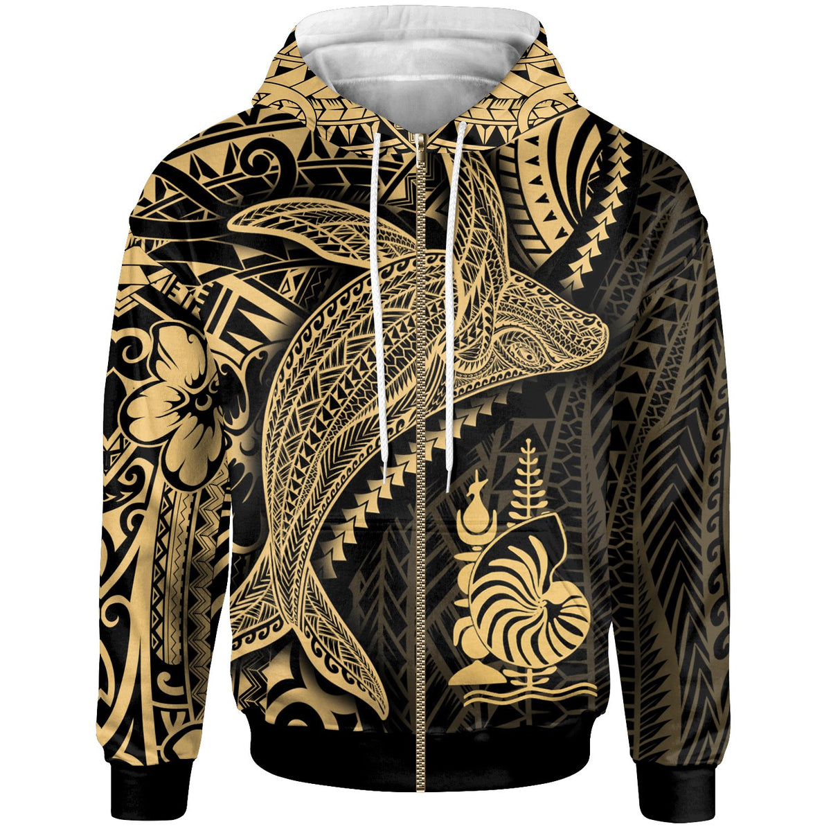 New Caledonia Zip up Hoodie Humpback Whale & Coat of Arms Gold Unisex Gold - Polynesian Pride