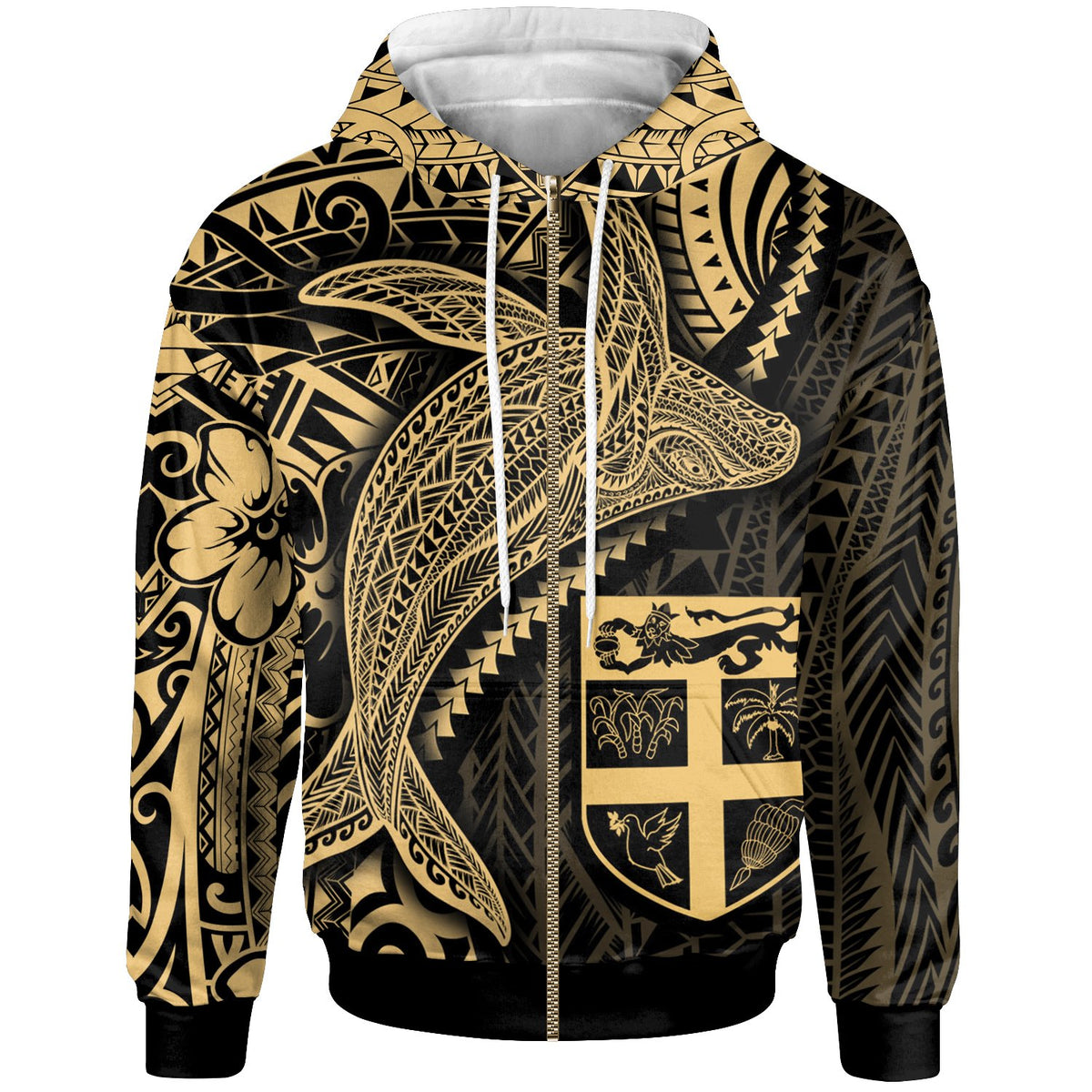Fiji Zip up Hoodie Humpback Whale & Coat of Arms Gold Unisex Gold - Polynesian Pride