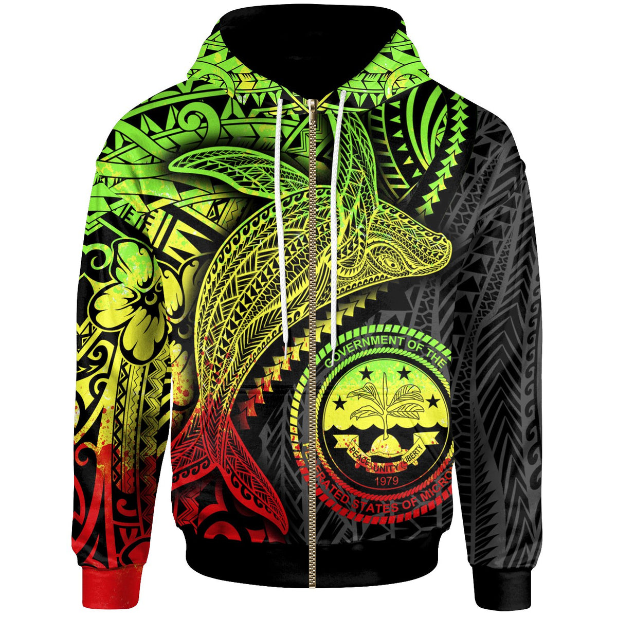 Federated States of Micronesia Zip up Hoodie Humpback Whale & Coat of Arms Reggae Unisex Reggae - Polynesian Pride