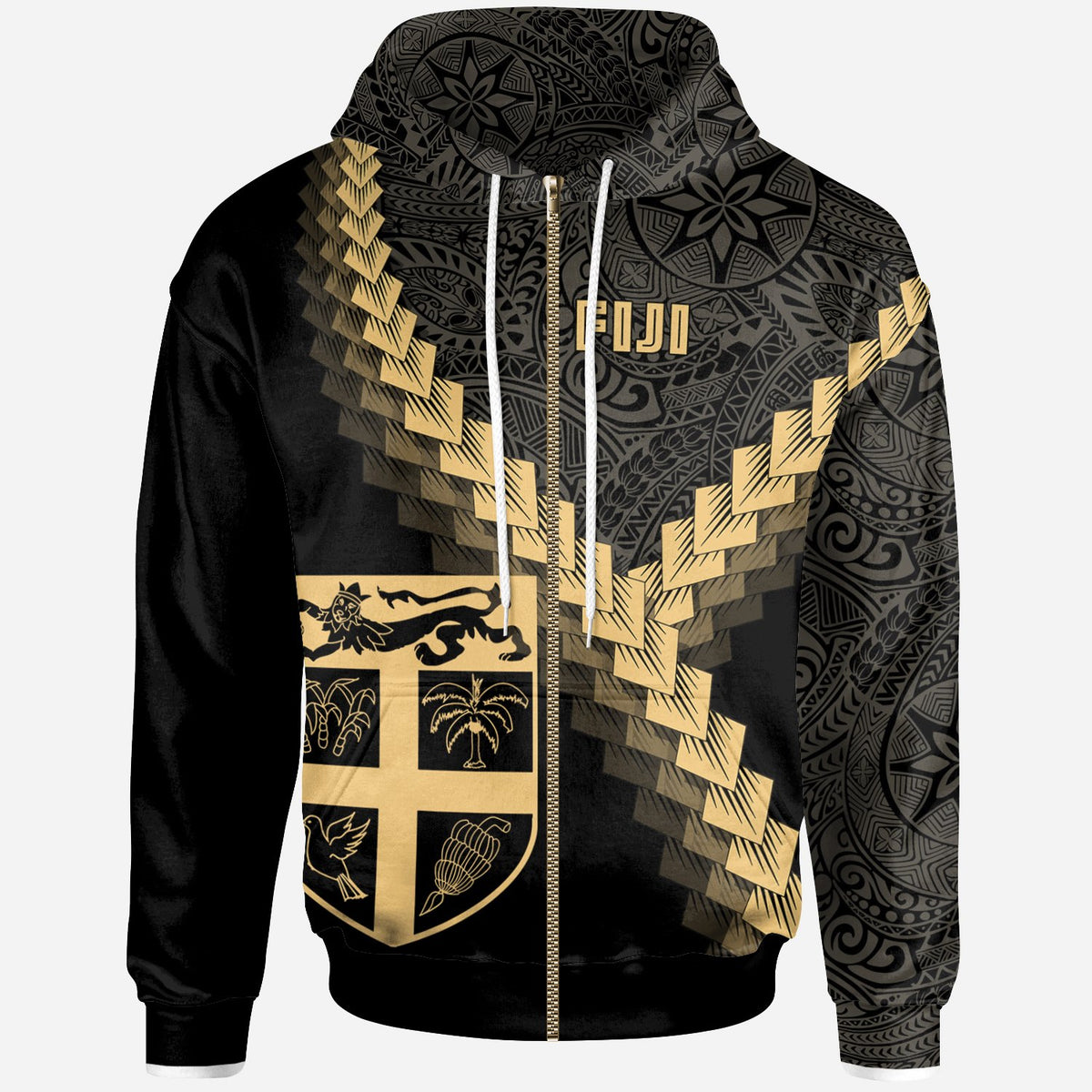 Fiji Zip up Hoodie Fiji Coat of Arms With Polynesian Tattoo Gold Unisex Gold - Polynesian Pride