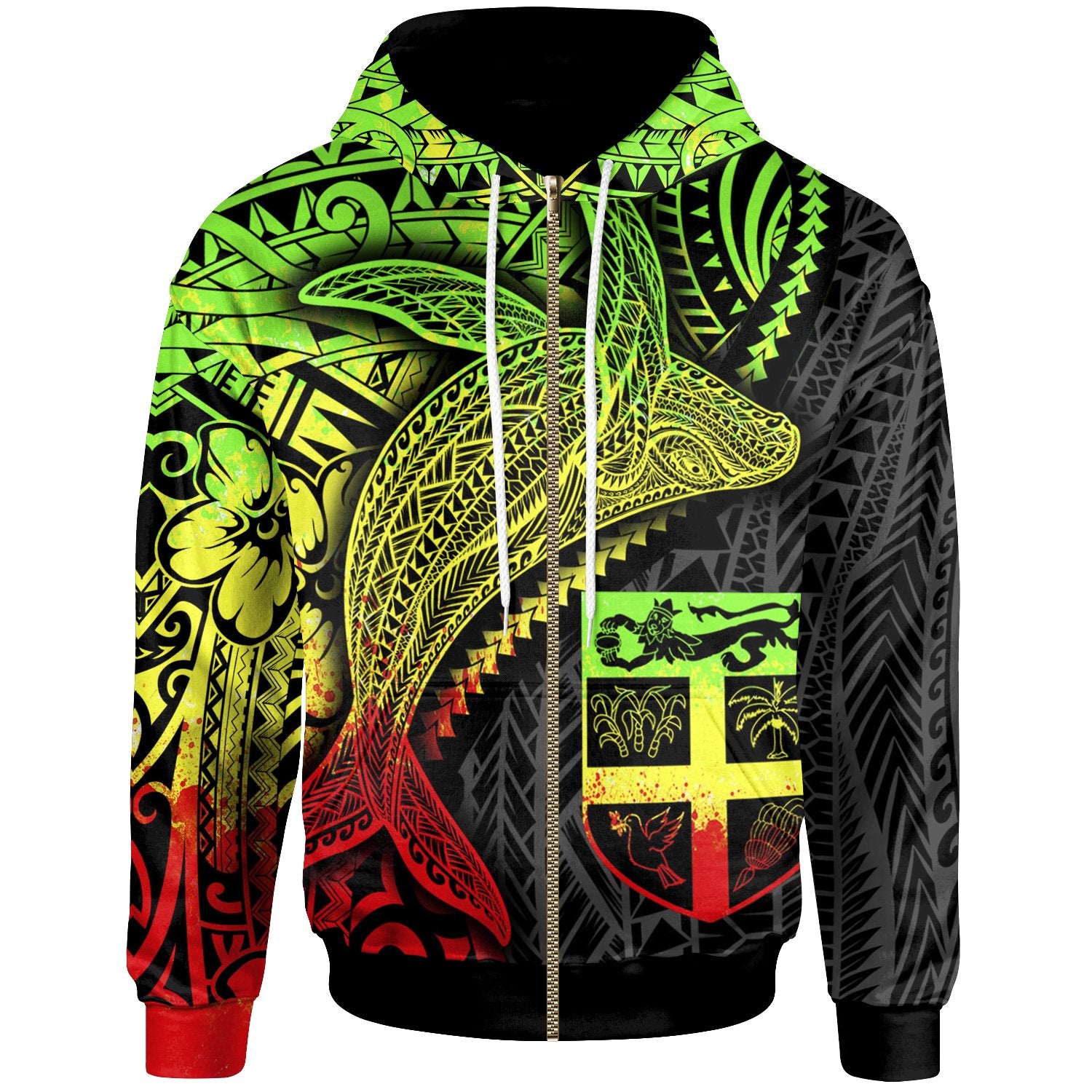 Fiji Zip up Hoodie Humpback Whale & Coat of Arms Reggae Unisex Reggae - Polynesian Pride