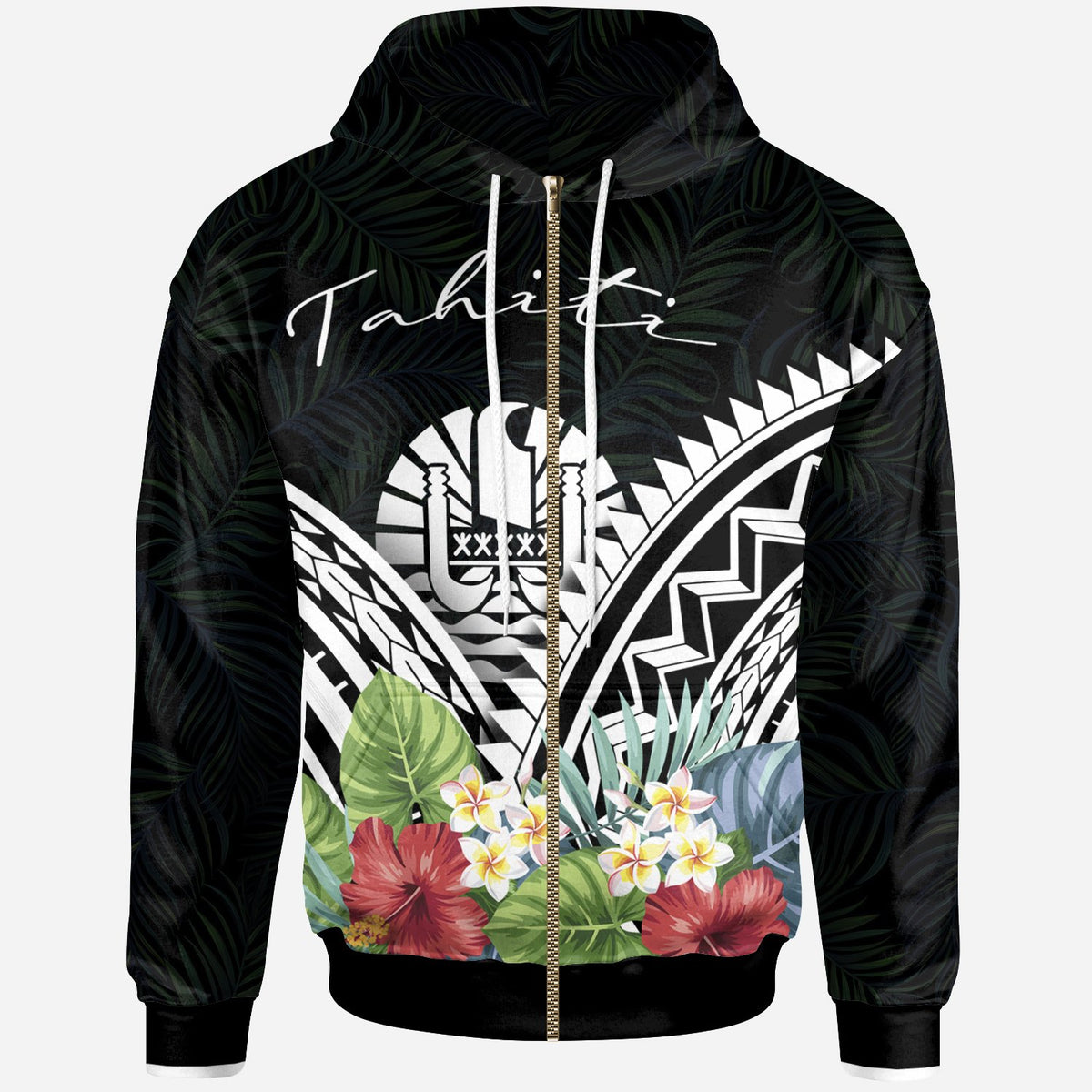 Tahiti Polynesian Zip up Hoodie Tahiti Coat of Arms & Polynesian Tropical Flowers White Unisex White - Polynesian Pride