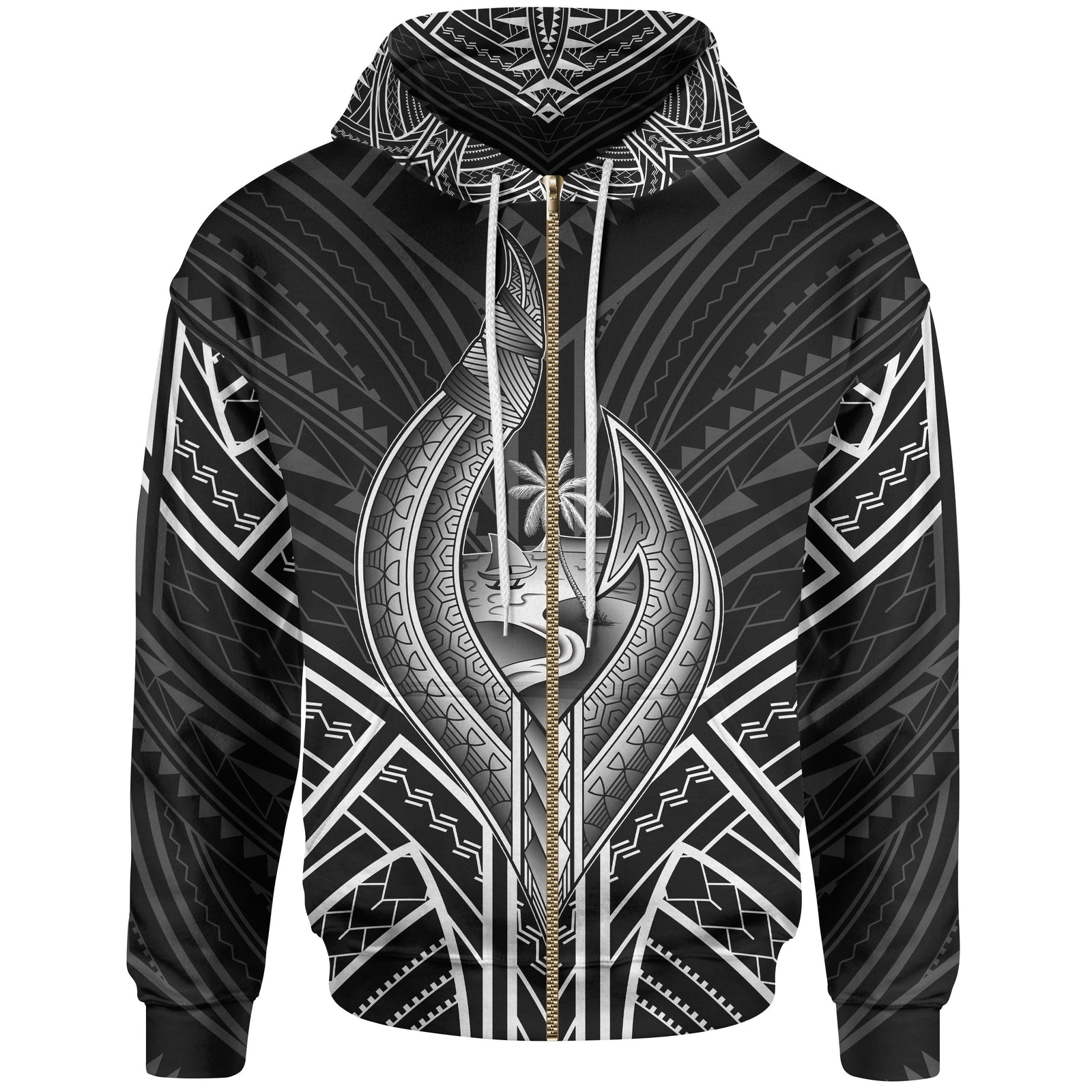 Guam Zip Hoodie Guam Seal Chamorro Tribal White Color Unisex Black - Polynesian Pride