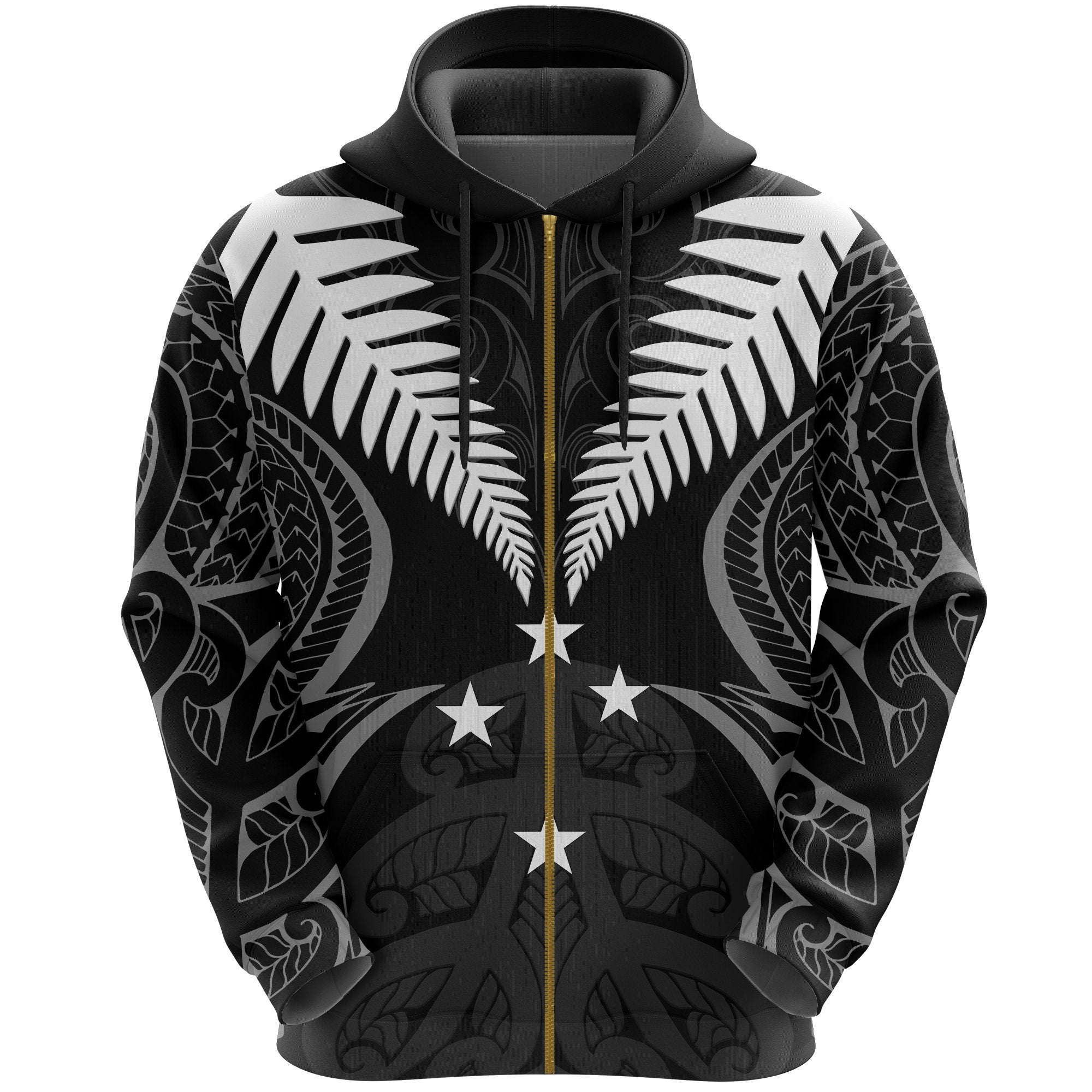 New Zealand Maori Silver Fern Zip up Hoodie Unisex Black - Polynesian Pride