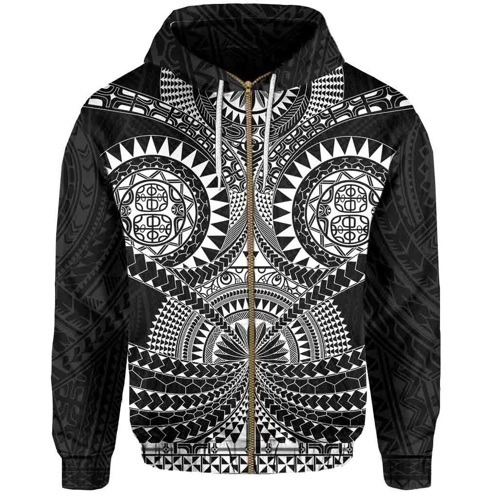 Polynesian Tattoo All Over Print Zip Hoodie White Unisex Black - Polynesian Pride