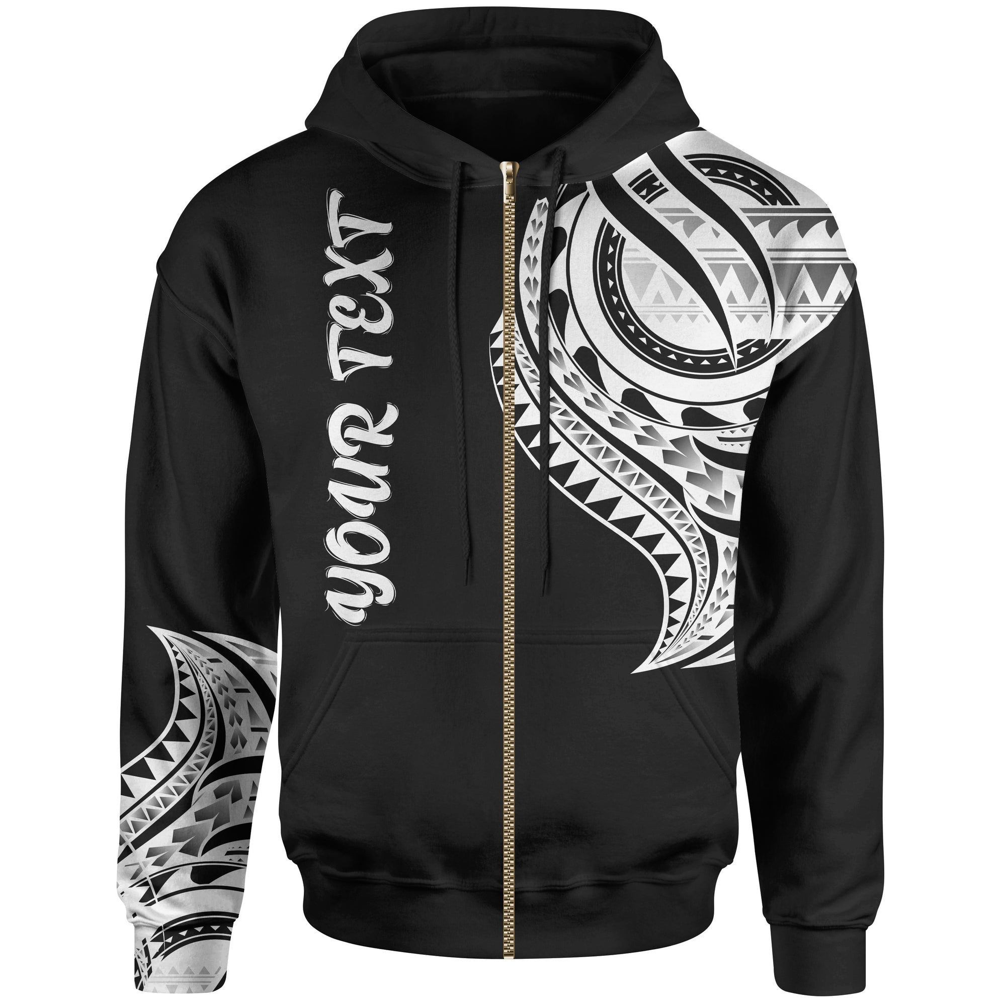 Fiji Custom Zip Hoodie Fiji Tatau White Patterns Unisex Black - Polynesian Pride